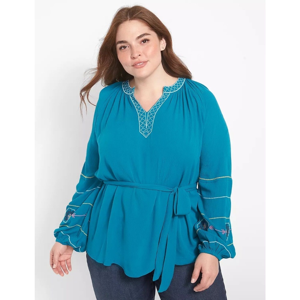 Lane Bryant Womens Classic Long-Sleeve Peasant Blouse Plus Size 14 Tahitian Tide